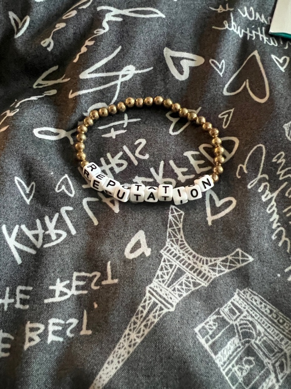 Beaded 'REPUTATION' Stretch Bracelet - White & Gold